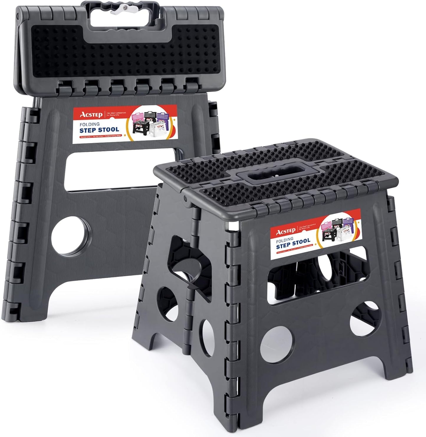 ACSTEP Folding Step Stool Foldable Stool 7.5 Inch Height Kids Step Stool, 300 lb Capacity Plastic Collapsible Stool, Stepping Stool with Handle Black Small Step Stool, Foot Stool Suitable for Kitchen