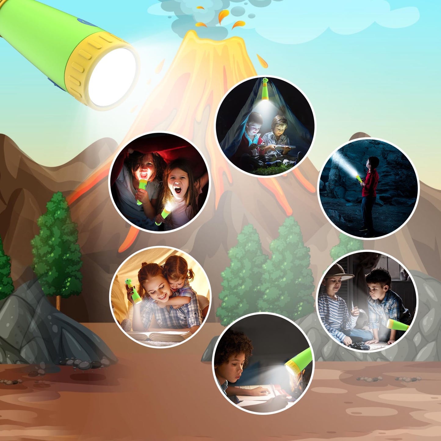 AUKSKY Rechargeable Dinosaur Flashlight with Roar for Kids, Kids Flashlight Camping Gear Handheld Flashlight for Kids, Halloween Christmas Lights for Boys Girls, Dino Kid Lantern