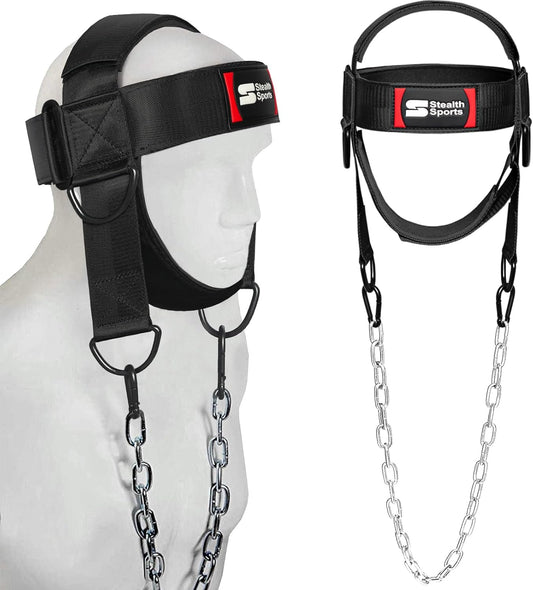 Neck Harness with 88cm Adjustable Chain - 360 Degree Thick Neoprene Padded Chin & Head Straps Neck Exerciser for Weight Training & Neck Workout Head Harness for Weight Lifting