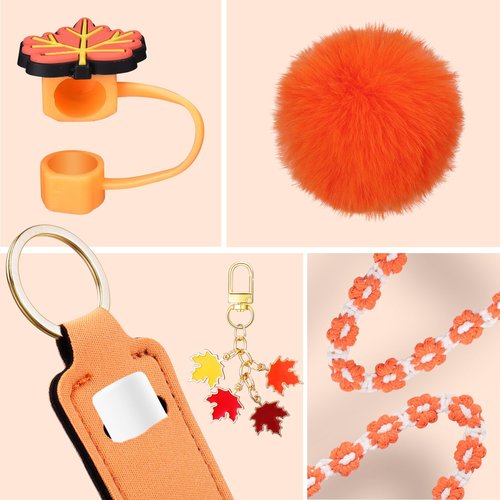 Mity rain 8PCS Cup Accessories for Stanley Cup 30oz 40oz Tumbler with Handle, Including Water Bottle Handle Strap, Chapstick Holder, Boot, Keychain Charms, Straw Topper Cover Cap for Stanley (Orange)
