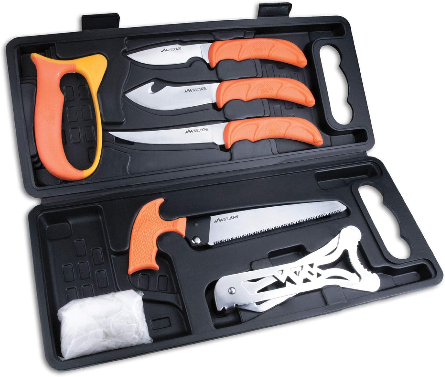 OUTDOOR EDGE WildPak, 8-Piece Field to Freezer Hunting & Game Processing Knife Set with Caping Knife, Gut-Hook Skinner, Boning/Fillet Knife, Wood/Bone Saw, Spreader, Gloves, and Hard-Side Carry Case