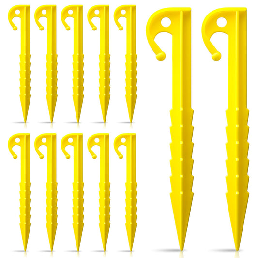 12 Pack Plastic Tent Stakes,5.7 inches, Ideal for Sand, Camping, Backpacking, Beach, Garden, and Lawn use. Durable, Rust-Resistant, and Reliable Support.(Yellow)