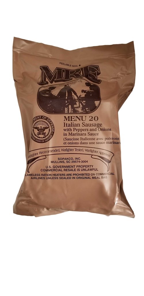 MRE #20 - Italian Sausage with Peppers and Onions in Marinara Sauce. USGI [Meal Ready to Eat] Emergency Meals, Military Ration, Hunting, Camping, Fishing, Prepper supplies and Survival