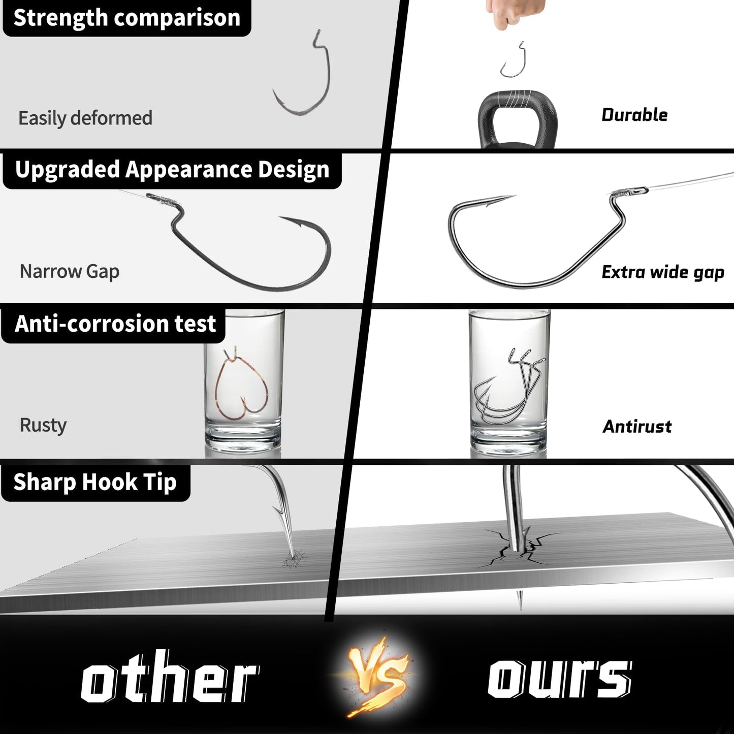 FishTrip EWG Hooks for Bass Fishing-50pcs Offset Worm Hook Texas Rig Hooks for Freshwater Saltwater Size 3/0