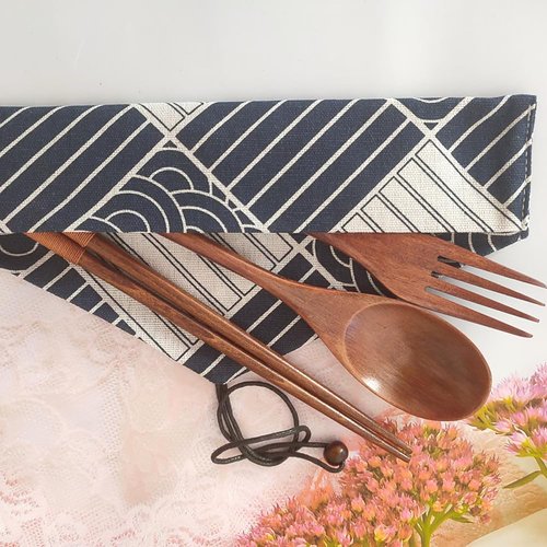 Wooden Cutlery Set Chopsticks Spoon Fork with Tied Line, Bamboo Outdoor Camping Travel Utensils Reusable Tableware Spoon for Eating with Cloth Bag (4 Pack)