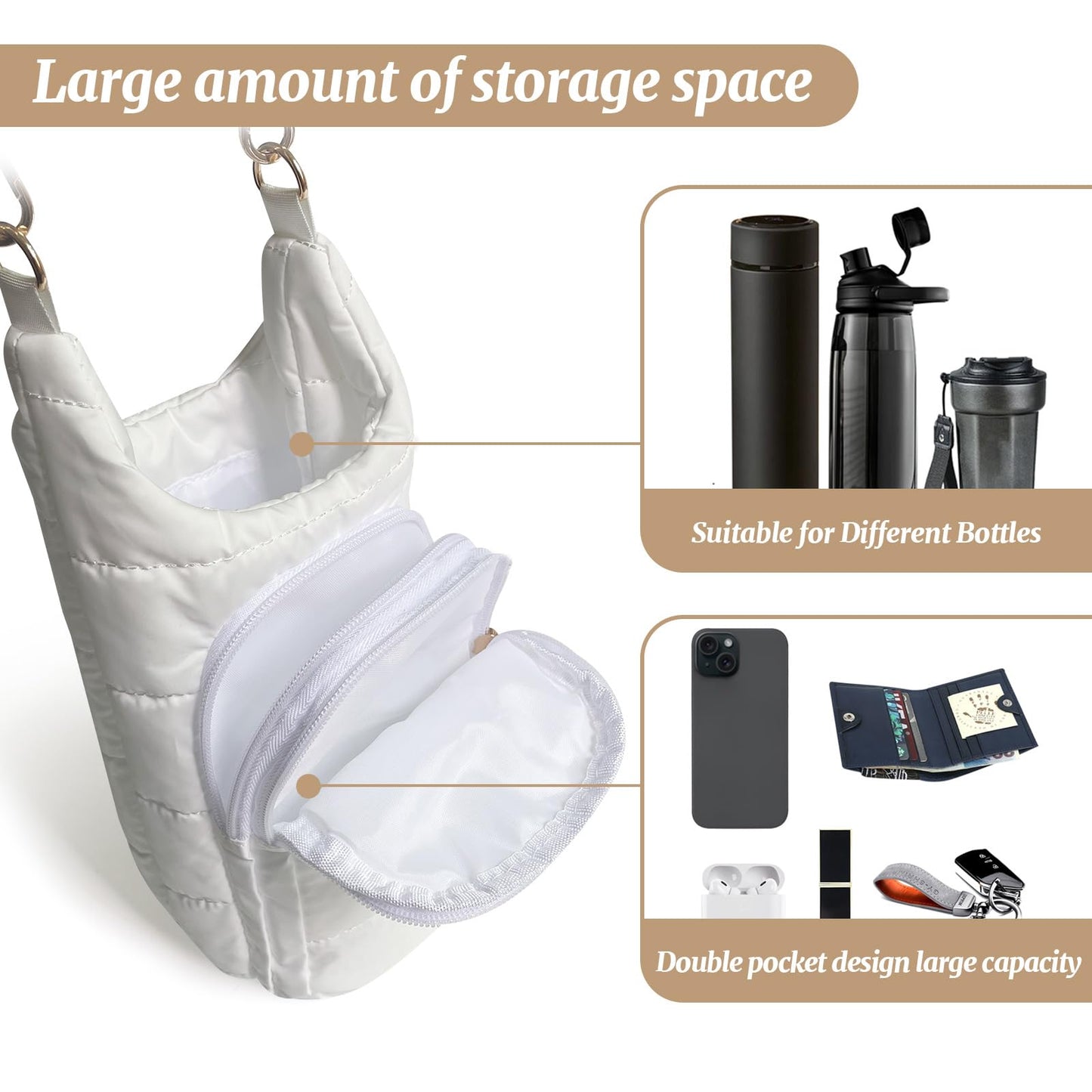 HYPINZI Water Bottle Holder with Strap Quilted Crossbody HydroBag Stylish Puffer Waterbottle Purses Water Bottle Sling Bag Water Bottle Accessories for Gifts Outdoor Travel Walking Hiking Camping