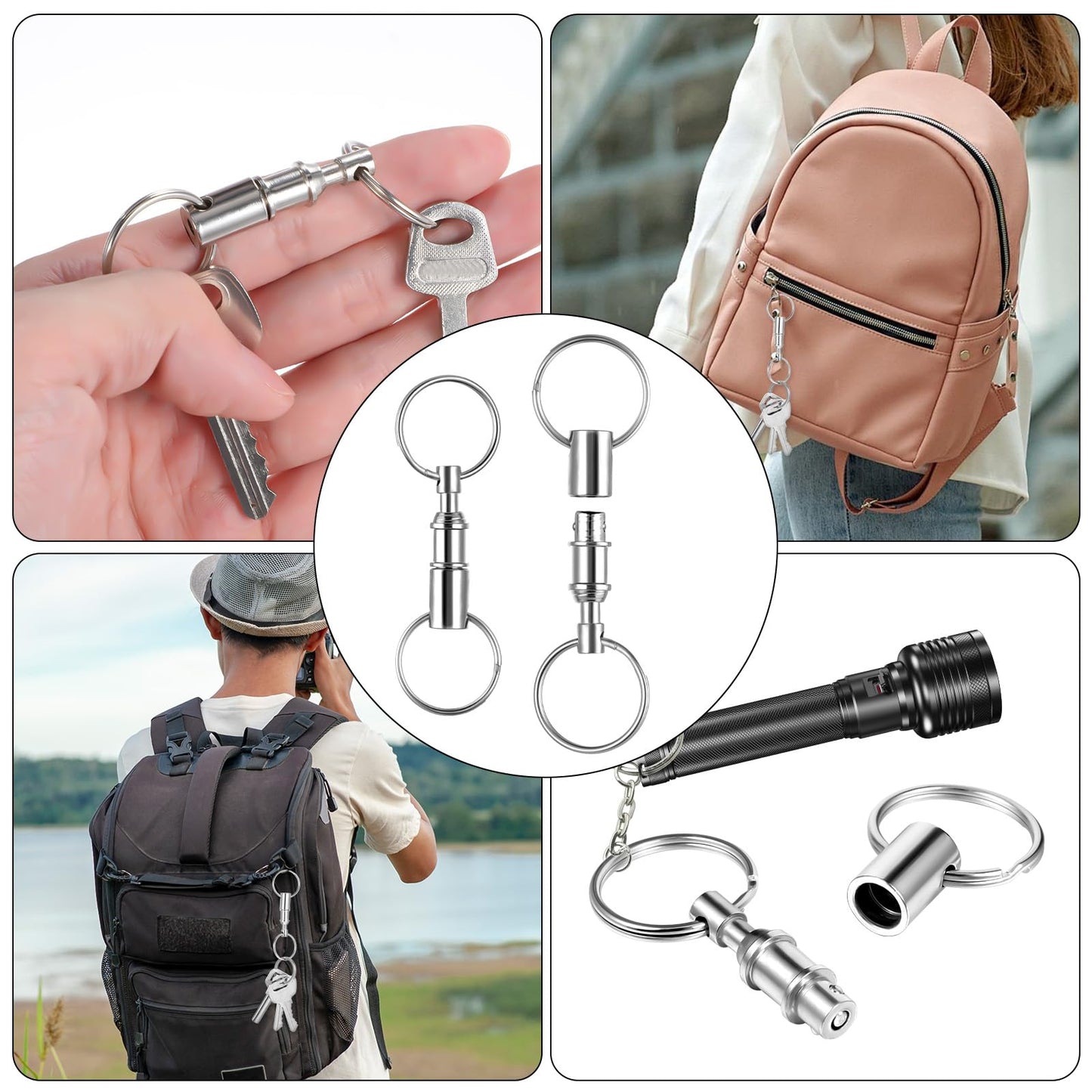 6 Pcs Detachable Key Ring Quick Release Detachable Keychain, Dual Pull Apart Key Chain Spring Split Snap Separate Double Keys Ring Lock Valet Keys Flashlights DIY Crafts Accessories