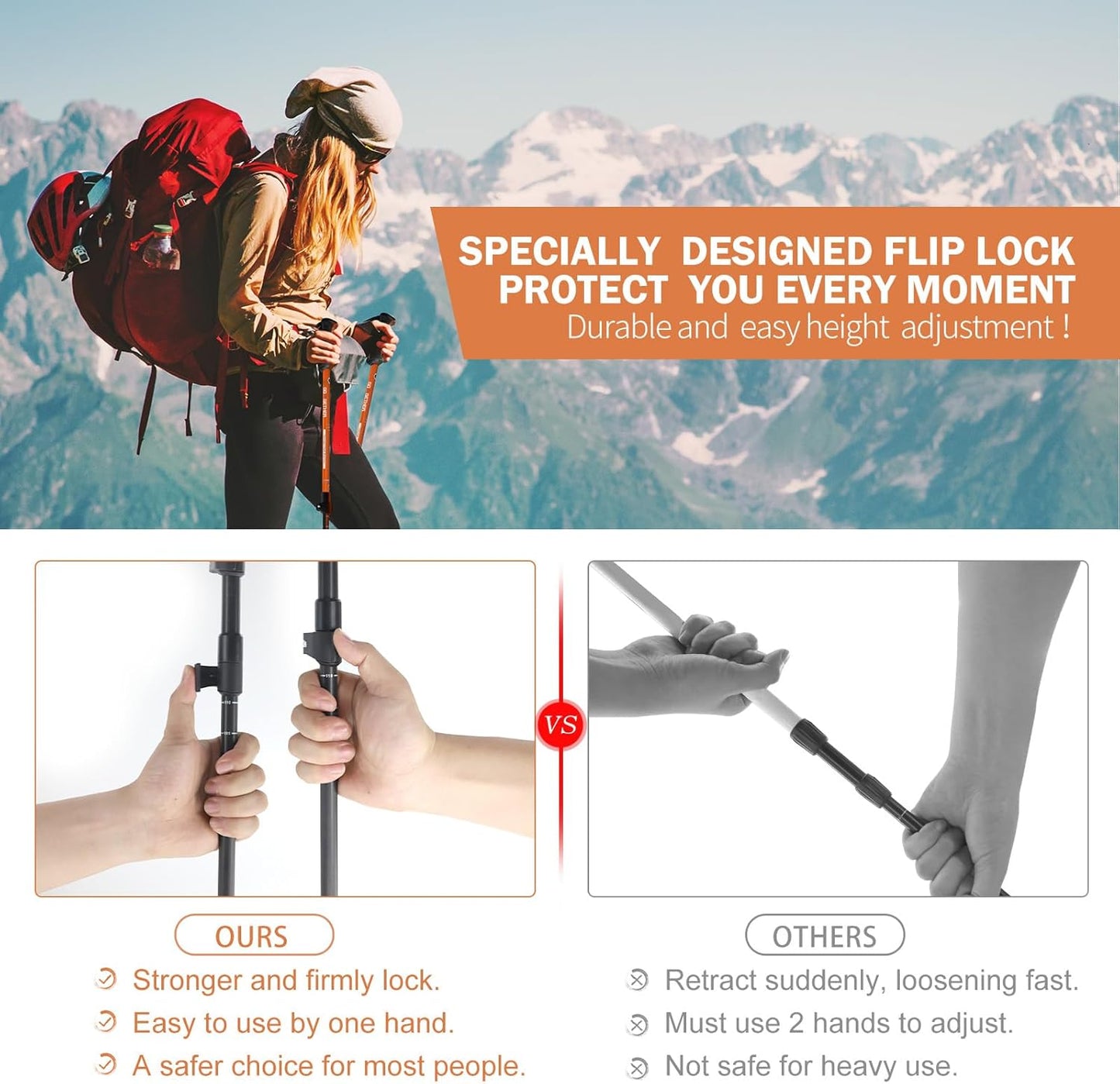 Aluminum Trekking Poles - Quick Adjustable Locks, Comfort Handle, Padded Strap, Snow Baskets - Walking Sticks Suitable for Hiking, Walking