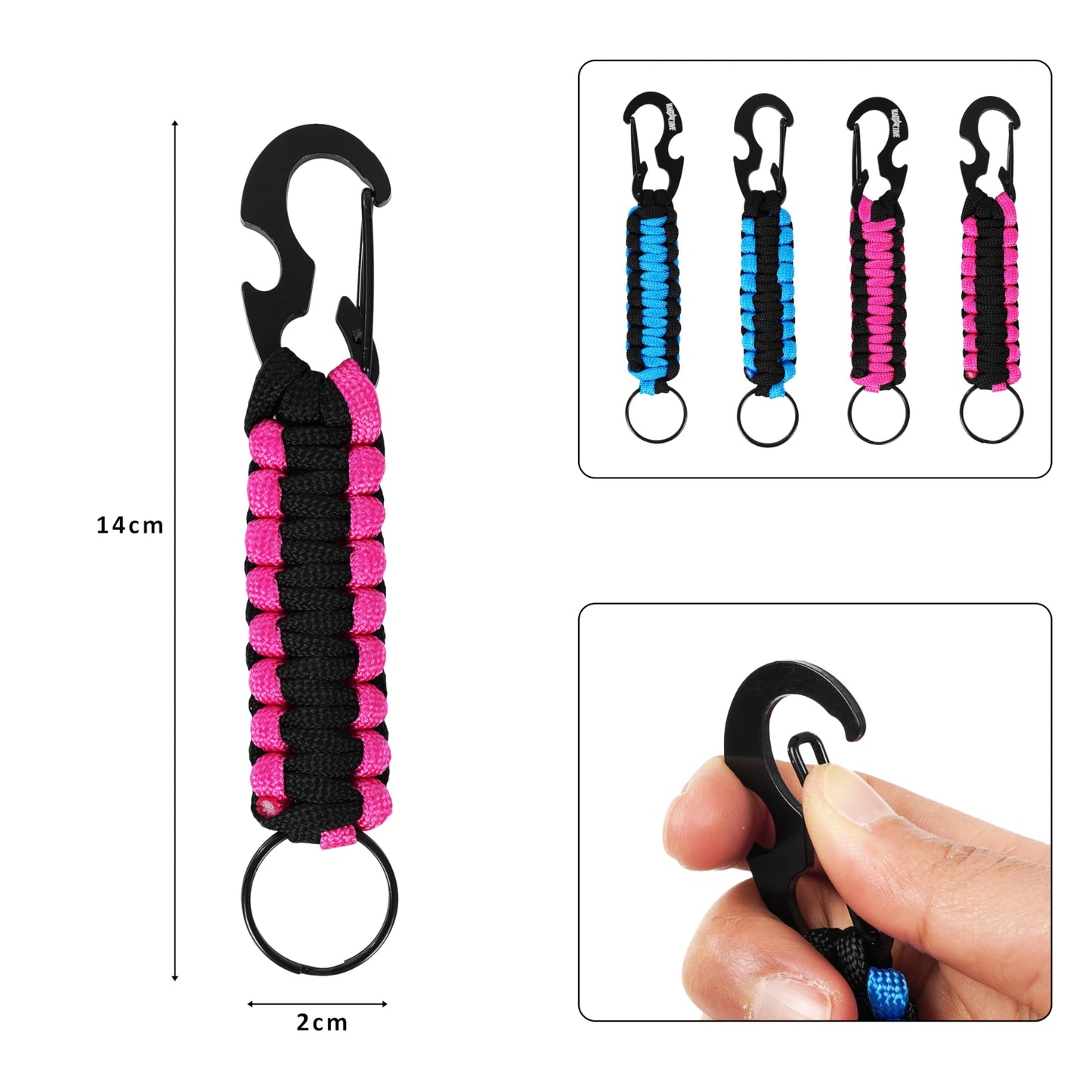 Kadactive Paracord Keychain Bottle opener - 2Pcs Carabiner Keychains for Backpack, Camping, Survival. Paracord Key Chains Men Woman Black-Pink LightBlue
