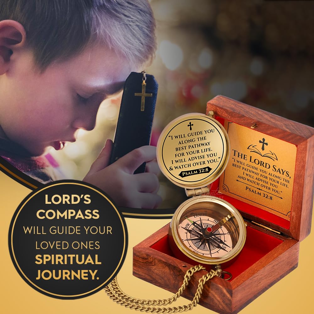 MYSTICKRAFT Engraved Brass Pocket Compass Gift - Psalm 32:8, First Communion Gifts, Baptism Gifts for Boys, Confirmation Gifts, Gifts for Men, Catholic Religious Christian Easter Gifts for Kids
