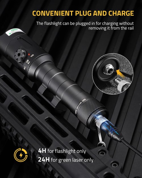 CVLIFE 1680 Lumens Rifle Light Laser Combo Compatible with M-Rail, USB Rechargeable Rifle Flashlight with Aiming Green Beam, Tactical Light for Rifle, Pressure Remote Switch Included