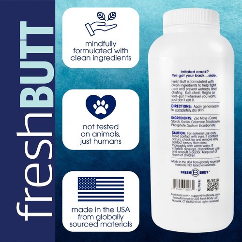 Fresh Butt Body Powder for Women & Men - Anti-Chafing, Anti-Itch, Odor & Sweat Absorbing + Calamine - Friction Fighting, Talc-Free, Unscented, 6oz