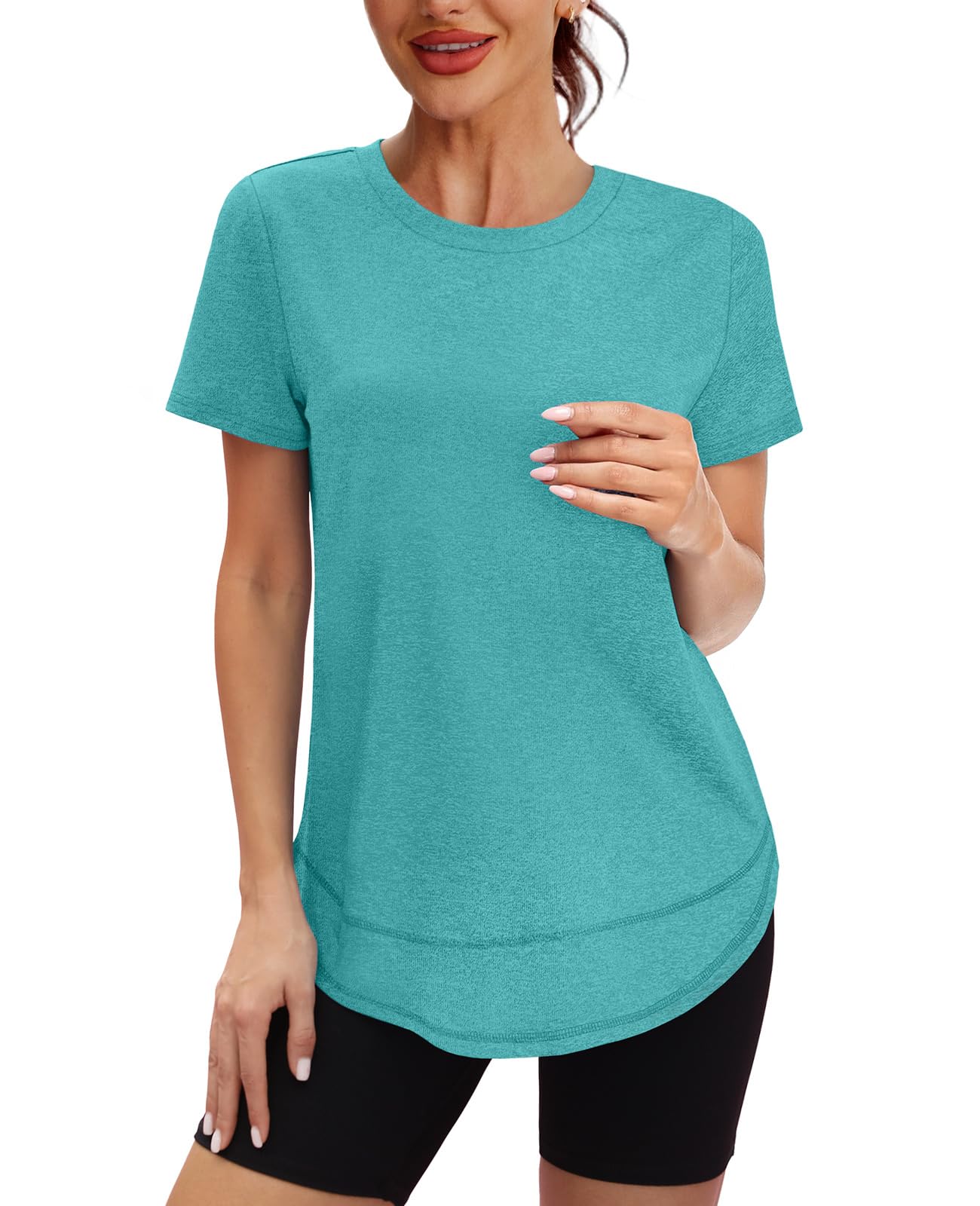 Short Sleeve Shirts for Women Workout Pilates Outfits Tennis Summer Tops 2026 Beach Vacation Clothes Aqua M