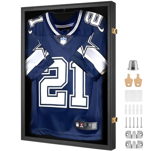 Yaetm Jersey Frame Display Case, Football Jersey Display Case for Wall, Lockable Shadow Box with 98% UV Protection Acrylic and Hanger for Hockey Soccer Basketball Baseball Shirts, Black