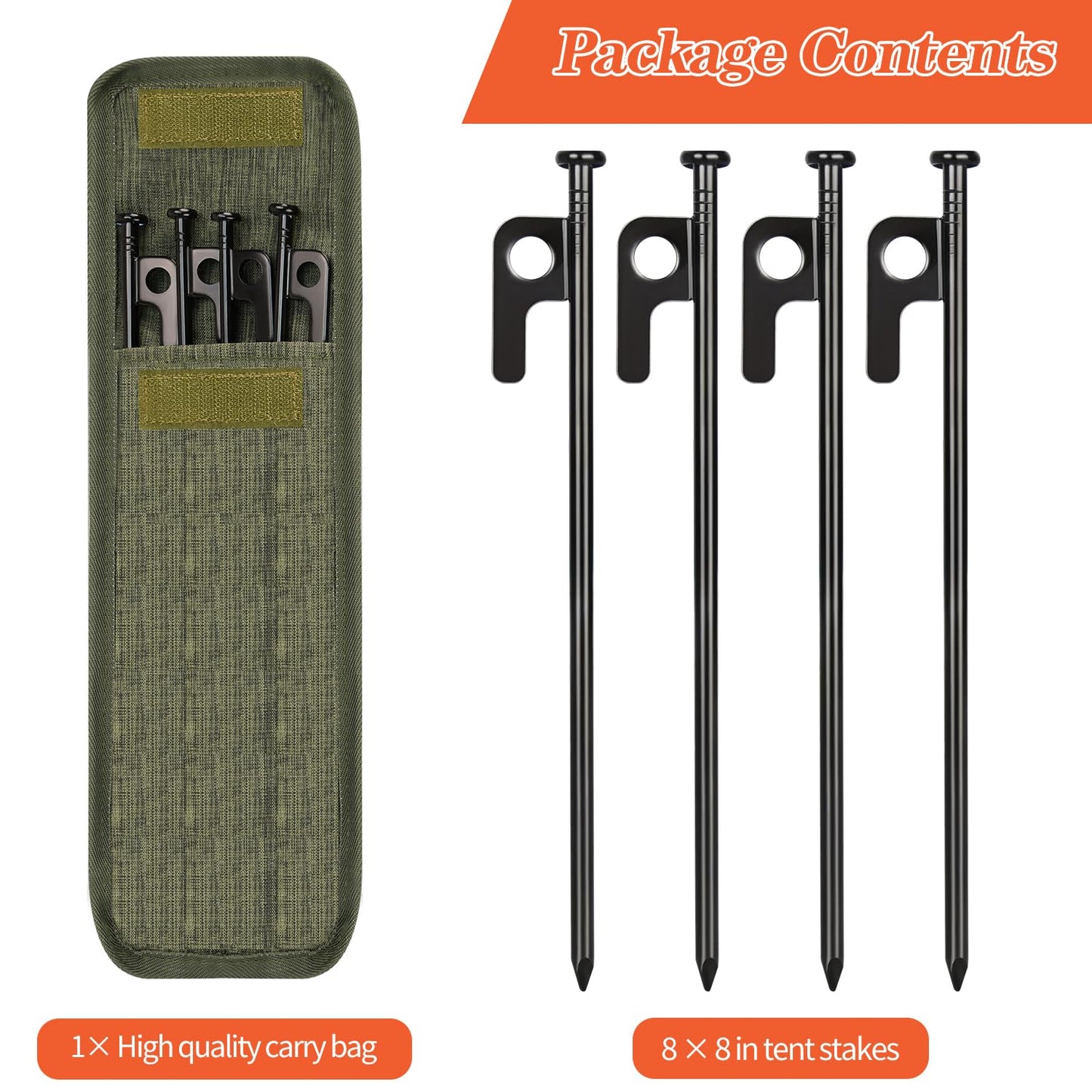 8 Pack 8in Heavy Duty Forged Steel Tent Stakes, with Storage Bag, for Camping