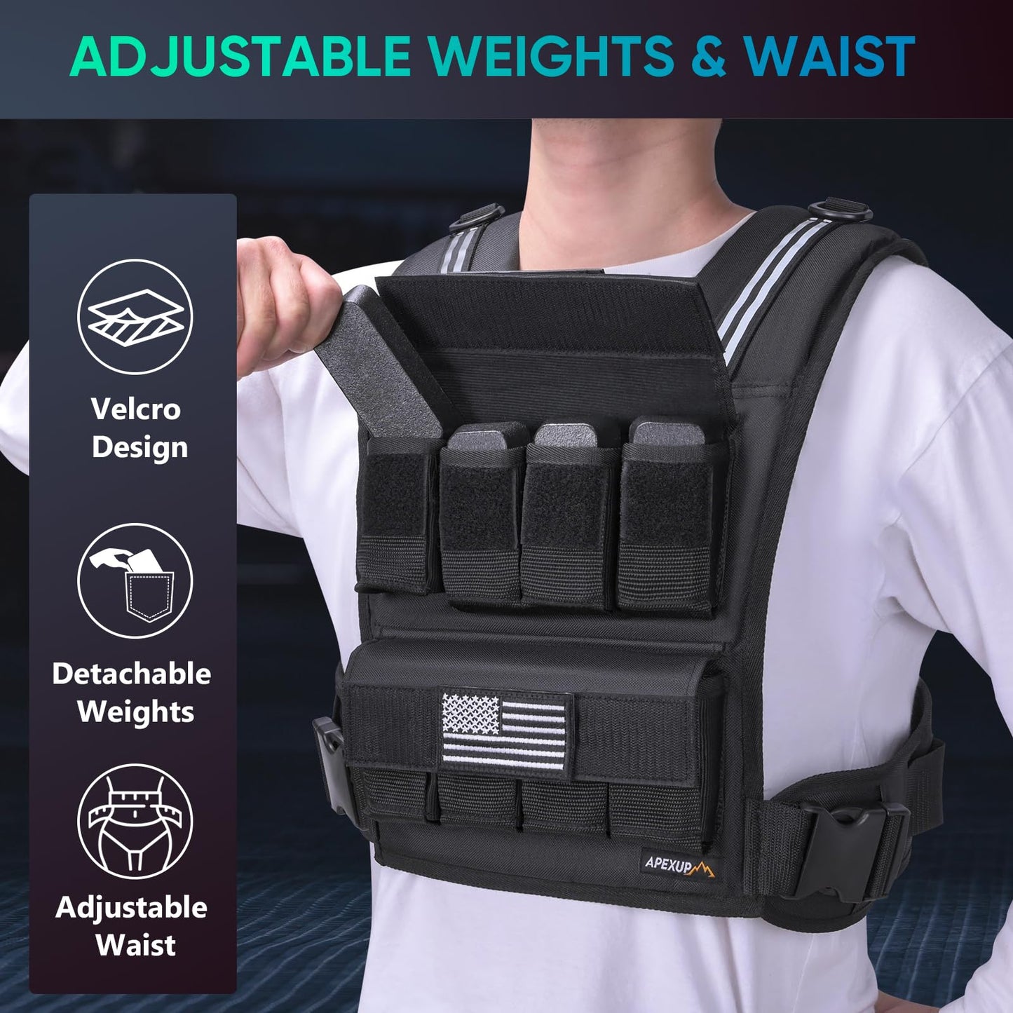 APEXUP Adjustable Weighted Vest Men 20lbs/30lbs/40lbs Weights with Reflective Stripe, Weight Vest Woman Workout Vest for Strength Training Running Walking (40 lbs)