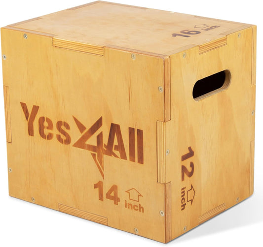 Yes4All Plyo Box, 3-in-1 Wooden Box Jumps for Home Gym (12/14/16 in), 450 lbs Boxes Step Up with Smooth Edges & Wide Built-in Handles for Jumping, Strength Training, Lunges, Squats, Dips