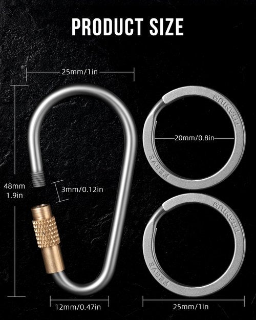 Locking Carabiner Keychain, FEGVE Small Titanium Carabiner Clip with 2pcs/1 inch/25mm Titanium Key Ring, Lightweight and Durable-1pcs