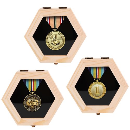 BiJun Wooden Hexagon Medal Hanger Display Case,Shadow Box for Medals Race Medal Display for Sports Medals, Track & Field,Races, Running, Marathons (3pc)