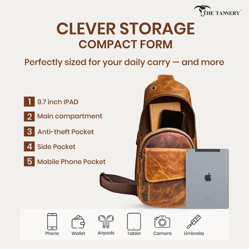 The Tannery Handmade Buffalo Leather Multipurpose Travel Hiking Crossbody Chest Backpack with Adjustable Shoulder Strap (Brown, Large)