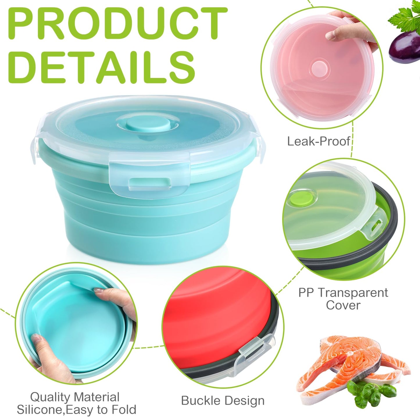 4 Sets Large Camping Bowl with Lid 41 oz Collapsible and Foldable Fork Silicone Lunch Box Salad Bowl Expandable Food Storage Container Travel for Hiking Camping