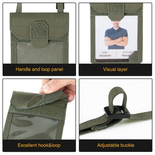 IDOGEAR Tactical ID Card Holder Visual Surface EDC Pouch with Zipper Pocket Badge Holders Credit Card Organizer Holster Neck Lanyard Hanging Hook and Loop Closure Pouches(Ranger Green)