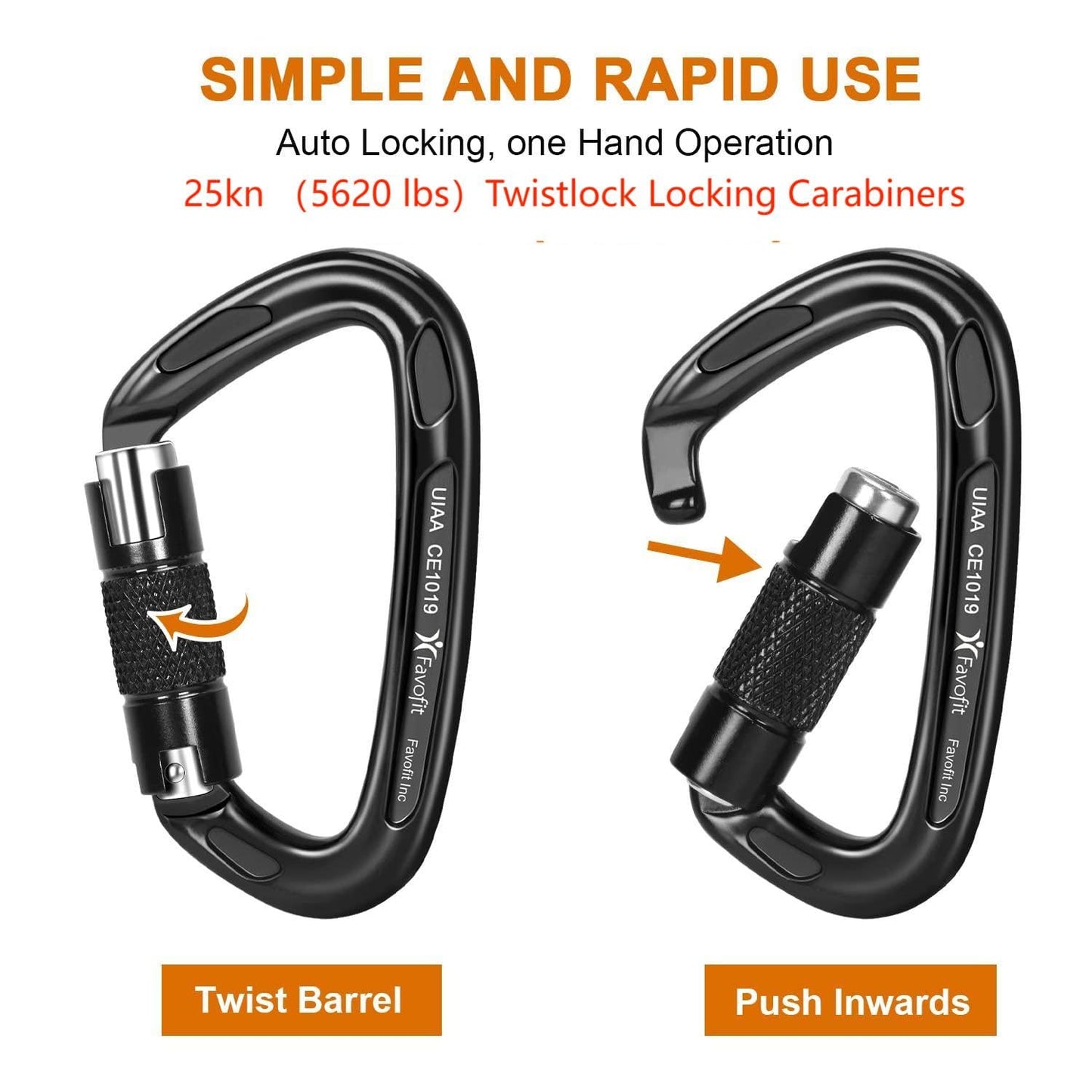 Favofit Locking Climbing Carabiner Heavy Duty UIAA Certified 42kn (9441 lbs) and 25kn (5620 lbs) Safety Caribeaner Clips - Large Rock Mountain Caribiniers for Rescue Firefighter