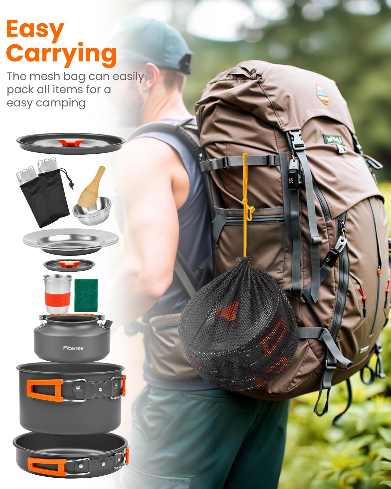 Fitense 22Pcs Camping Cookware Mess Kit for 2, Lightweight Camping Kitchen Pots and Pans Set, Portable Camping Essentials for Backpacking, Camping Cooking Hiking and Picnic