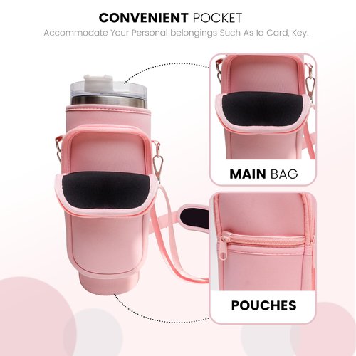 DCLMALL Water Cup Holder Bag with Pocket for Stanley 40oz Tumbler with Handle,Water Cup Carrier for Hiking Travelling Camping with Adjustable Shoulder Strap for Stanley Cup Accessories (pink)