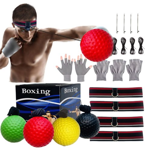 Boxing Ball Headband Set for MMA Boxing Kickboxing Training Reaction Punching Balls Kit Includes 4 PU Balls+4 Elastic Headbands+4 Spare Lines+4 Gloves for All People