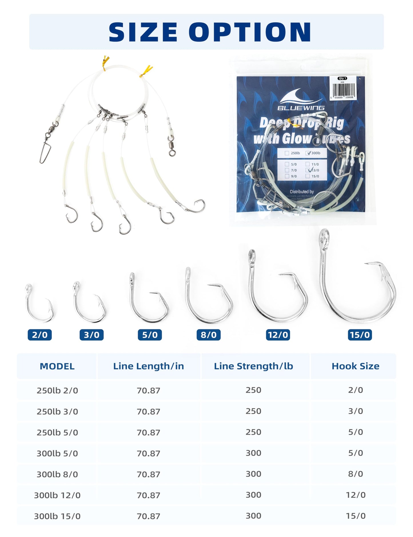 BLUEWING Fishing Deep Drop Rig with Glow Tubes 1pc Snapper, Tilefish Rig with 2/0 Stainless Steel Hooks, Barrel Swivel, 250lbs Line, 1pc