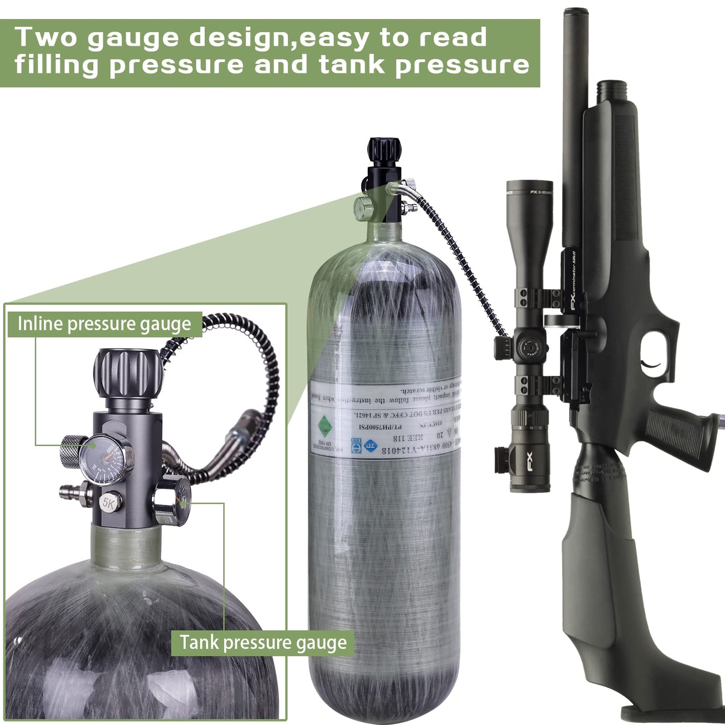 7/8-14UNF thread 4500psi Paintball Fill Station PCP Air-gun Charging Valve Dual Gauge Valve Air Tank Valve with 20 Inch High Pressure Hose (Non Regulated) for Cylinder Charging System