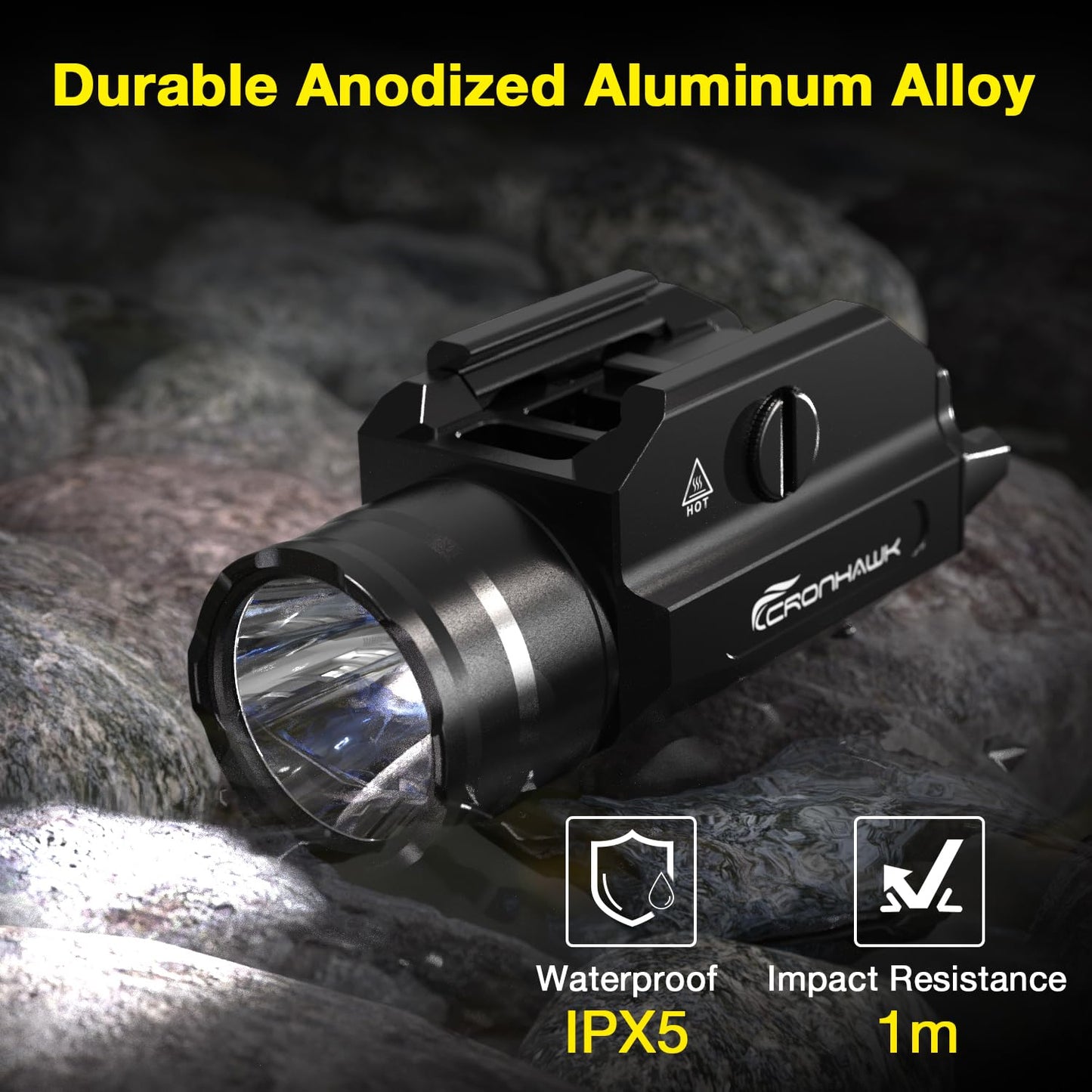 CRONHAWK Rechargeable Pistol Light, 1350 Lumen Rail Mounted Tactical Gun Flashlight with Strobe Function and Adjustable Rail Locating Key Fit 1913 Picatinny, Black
