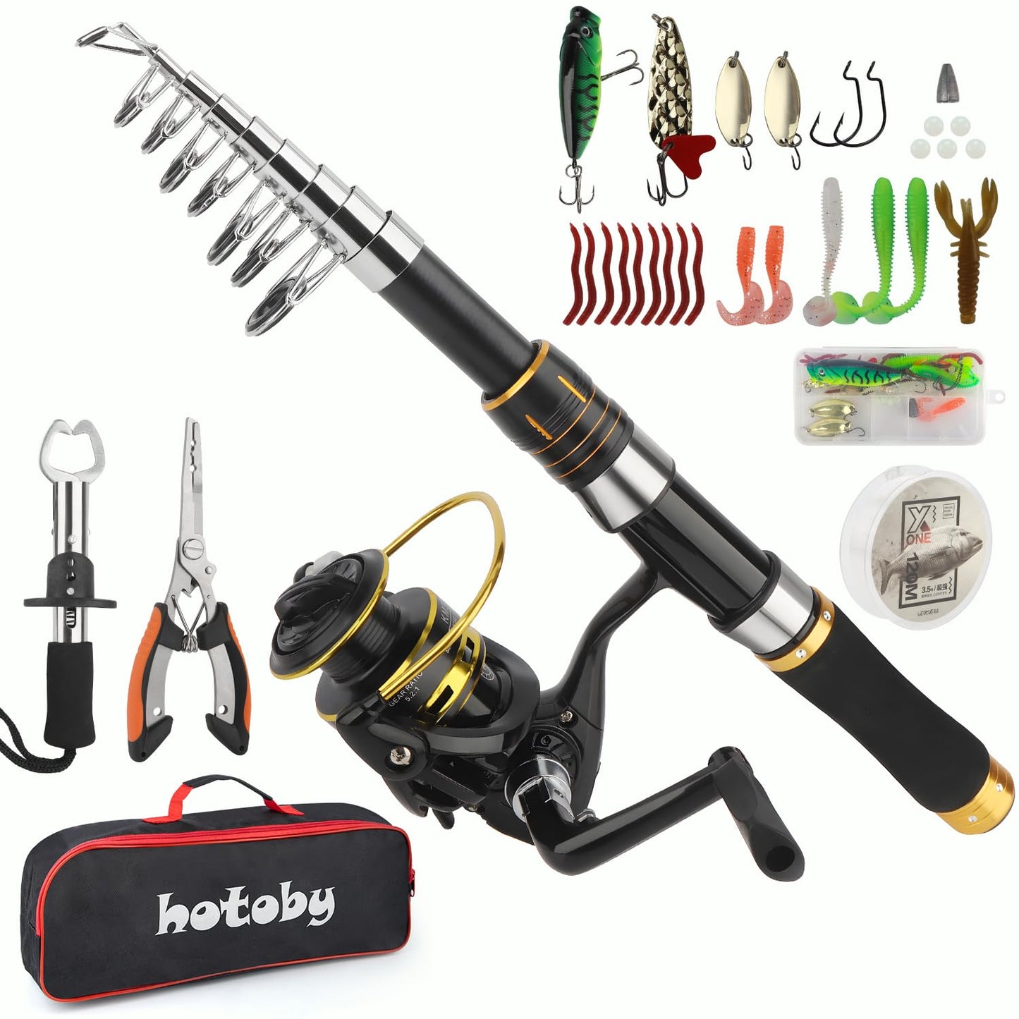 Fishing Pole Combo Set, 6.89ft Fishing Rod and Reel Combo, Carbon Fiber Telescopic Fishing Rod Kit with Spinning Reel, Fishing Pliers, Lip Gripper, Line, Lures, Carrier Bag for Beginner Angler
