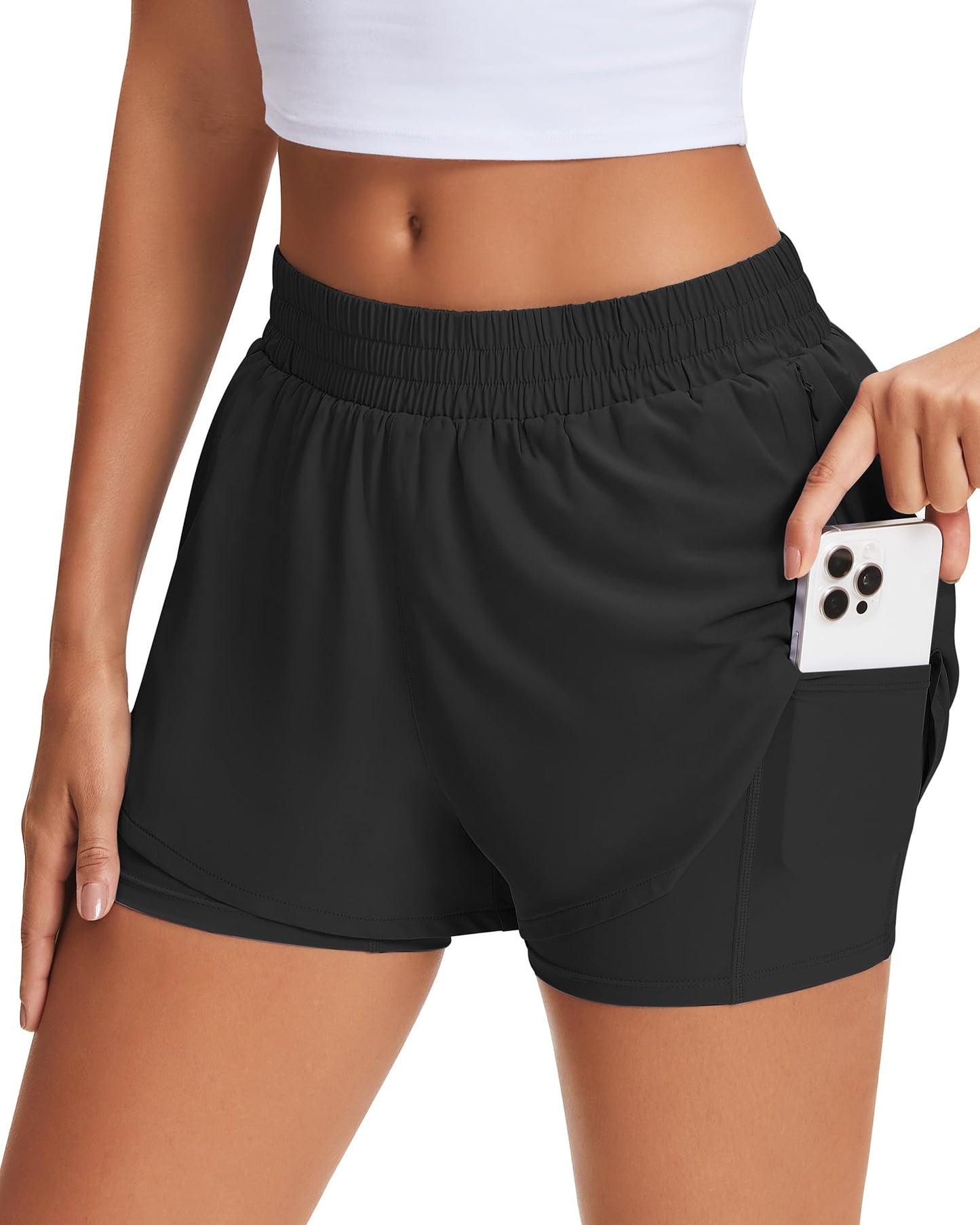 Stelle Women's 2 in 1 Running Shorts Athletic Workout Gym Shorts High Waisted Shorts with Liner Zipper Pockets (Black, Medium)