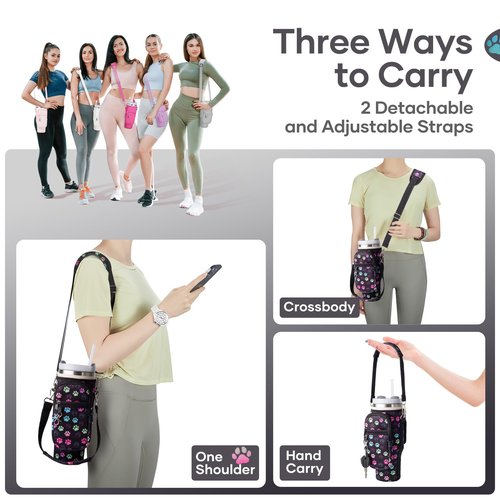 linmaya Water Bottle Carrier Bag with Phone Pocket for Stanley Cup 40/30oz,Insulated Neoprene Water Bottle Holder Cross-Body Carrier Bag with Adjustable Shoulder & Handheld Strap (Black Paw, 30oz)