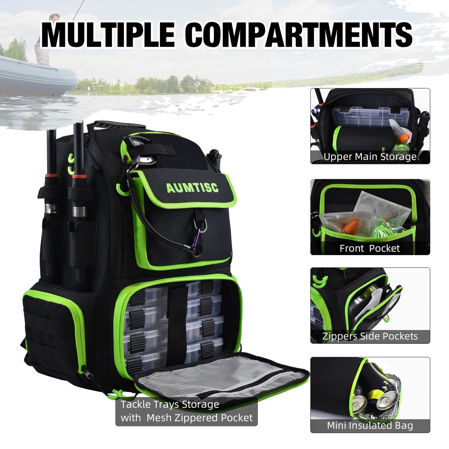 AUMTISC Fishing Tackle Bag Backpack with 2 Rod Holders, 4 Tackle Boxes, Rain Cover & Small Insulated Bag, Large Fishing Backpack for Fish Gear & Equipment