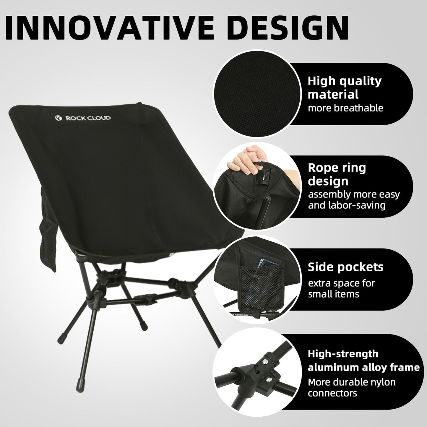 ROCK CLOUD Lightweight Portable Camping Chair Ultralight Folding Chairs Large-Size Outdoor for Camp Hiking Backpacking Lawn Beach Sports, Black-Large