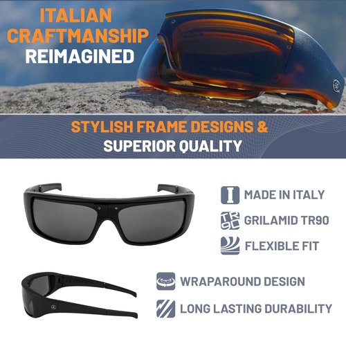 POPGEAR Mens Sport Sunglasses, Womens Polarized Sunglasses, Grilamid TR90, Made in Italy, Easily Collapse For Compact Storage - Polarized Sunglasses, Matte Black Frame, Gray Lenses