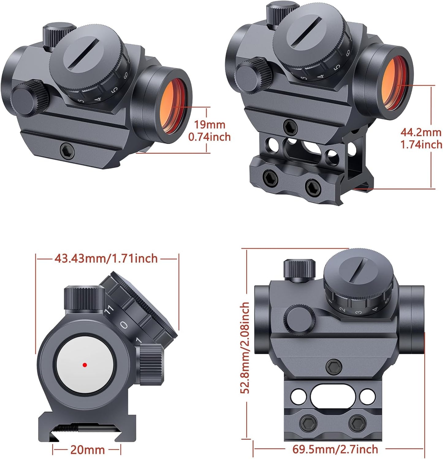 MidTen 2MOA Red Dot Sight 1x25mm Reflex Sight Waterproof & Shockproof & Fog-Proof Red Dot Scope with 1 inch Riser Mount