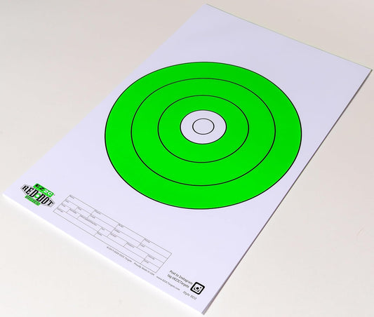 Red Dot Optics Style 2: USA Made 10" EZ2C Green Bullseye (25 Count) by EZ2C Shooting Paper Targets High Visibility Firearms, Pistol, Airsoft and BB Gun Rifles Targets 11" x 17"