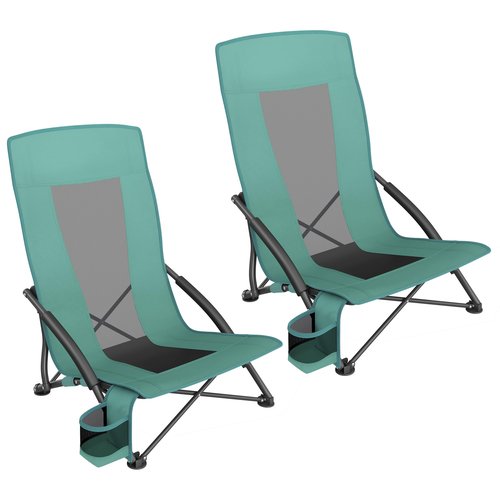 SONGMICS Set of 2 Portable Beach Chairs for Adults, Max. Load 330 lb Each, High Backrest, Cup Holder, Lightweight, Heavy-Duty, Green UGCB067C01V1