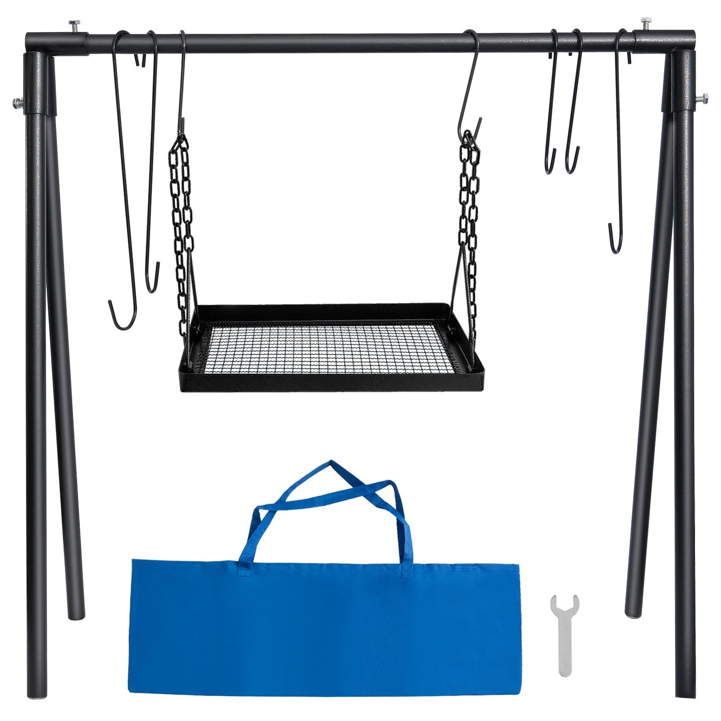 HONYTA Campfire Swing Cooking Grill Stand, Collapsible Campfire Cooking Rack with Adjustable Iron Grill Grate and Hooks for Outdoor BBQ Picnic Cookware Party Dutch Oven