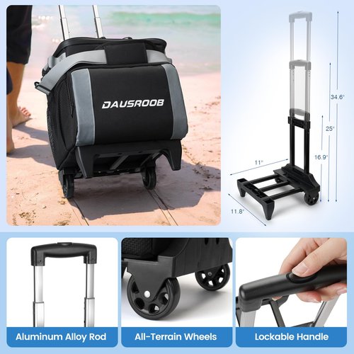Rolling Cooler with Wheels, Heavy Duty Leakproof Soft-Sided Ice Chest, 12Hrs Ice Retention & Enhanced Stability Wheeled Coolbag, Insulated Travel Cooler for Camping,Grocery,Beach,Outdoor (Black/Gray)