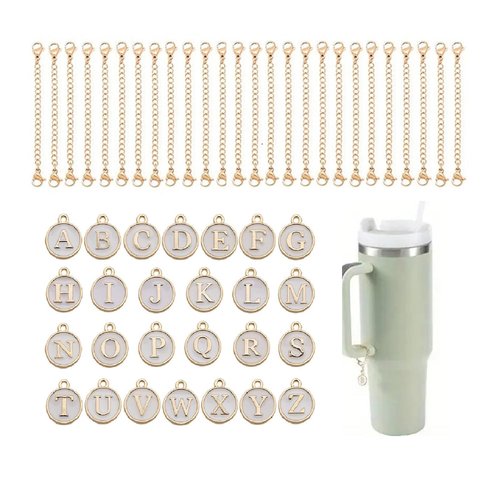 RF REENFAYA Cup Charm Keychain Handle Stanley 40oz 30oz Tumbler Accessories 26 A-Z Letter with Gold Chain (White)