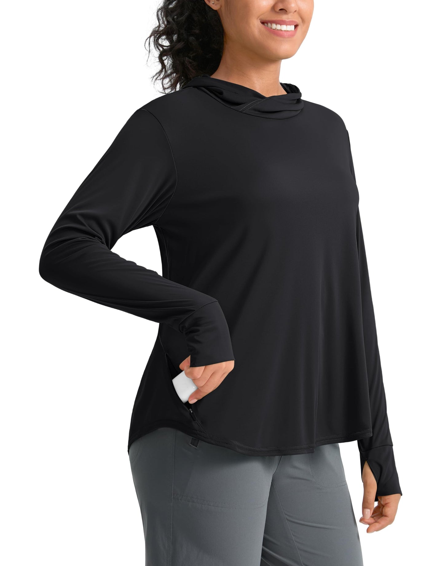 Pudolla Women's Sun Protection Shirt UPF 50+ Long Sleeve Lightweight UV Hoodie for Women Hiking Outdoor Fishing Summer (Black Medium)