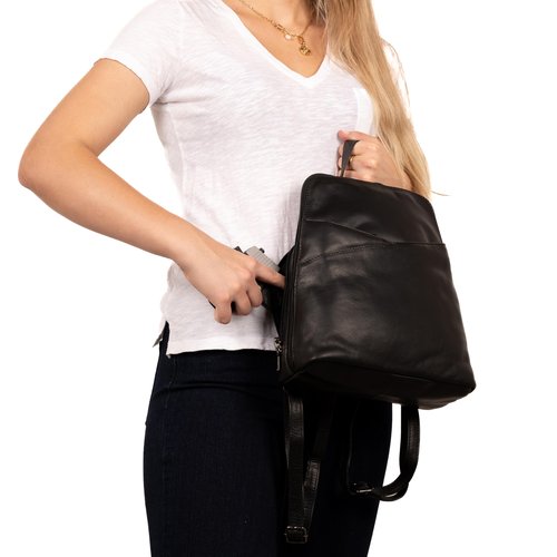 Lady Conceal Unisex Concealed Carry Jayden Leather Backpack with Hidden Compartment with Universal Holster (Black)