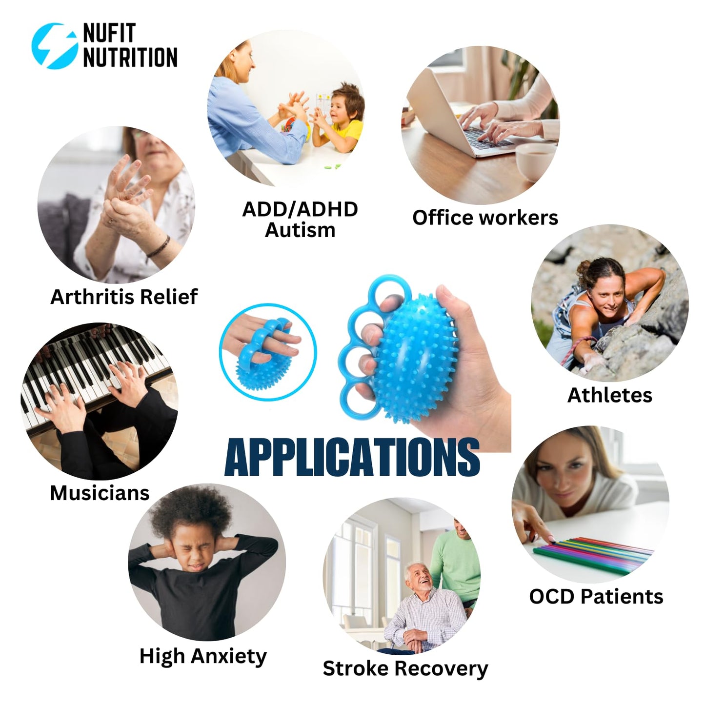 Hand Grip Strengthener & Finger Therapy Exercise Ball - Resistance Squeeze Ball and Massage Equipment for Stress Relief, Flexibility, Stroke Recovery, Arthritis, Anxiety, Physical Therapy, and Muscle Massage for Athletes, Musicians, Elderly, and Yoga Enth