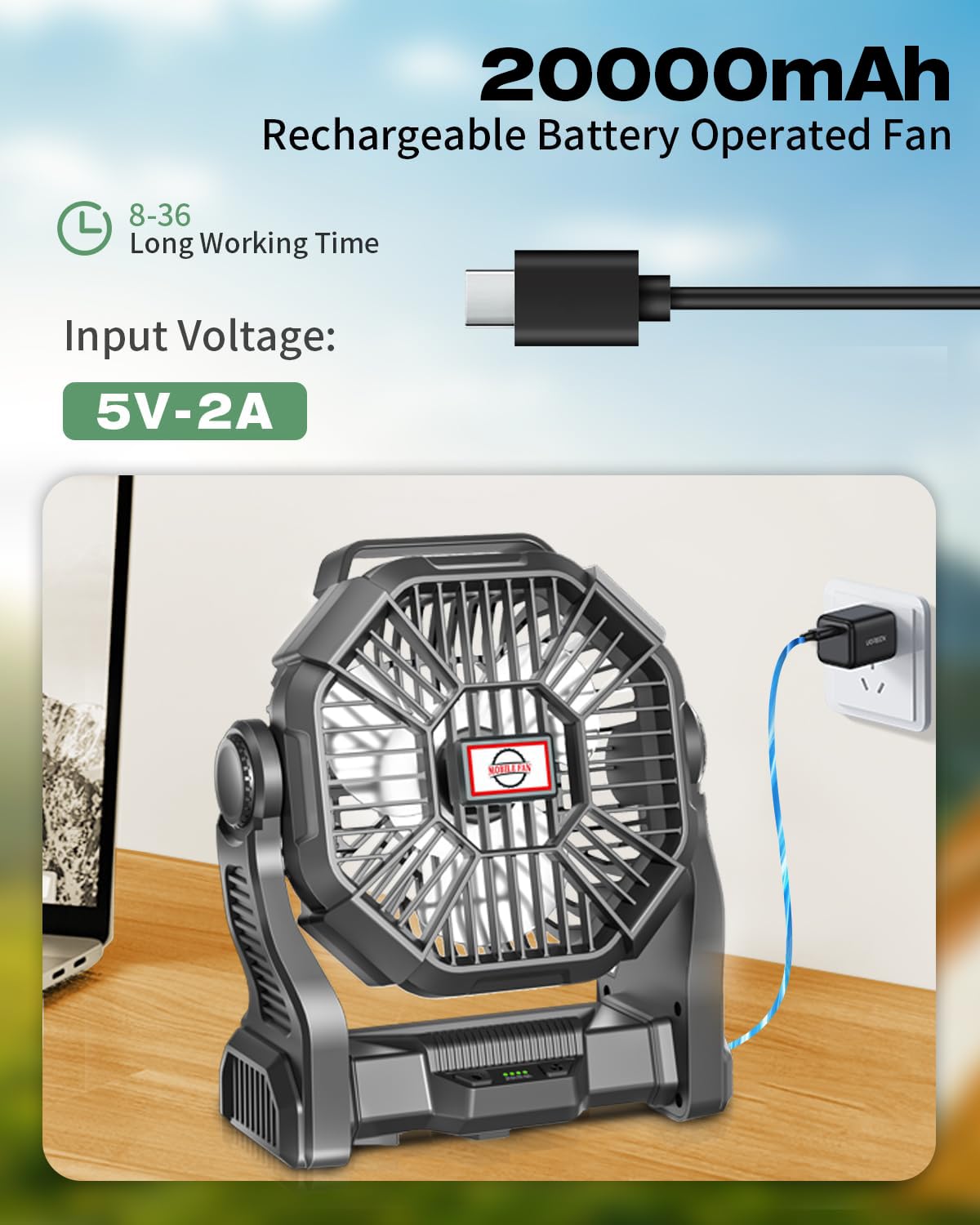 AEscod Portable Camping Fan, Rechargeable Battery Operated with LED Lights, Hanging Hook, 270°Rotation, 20000mAh Battery Powered Fan for Beach, Office, Picnic, Fishing, Travel, Tent