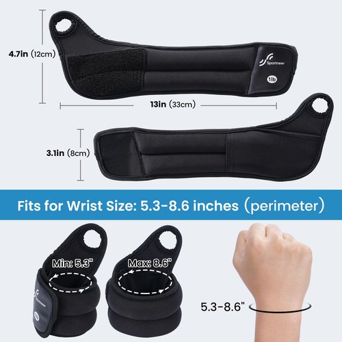 Sportneer Wrist Weights with Thumb Hole for Men Women Arm Hand Weights for Running Walking Jogging Physical Therapy Gym Strength Training Cardio Exercises 1 LB x 2 (Black)